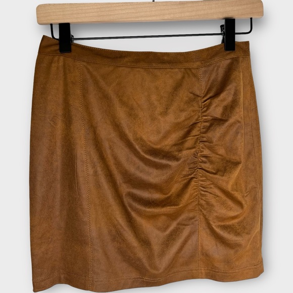 FREE PEOPLE Brown Rumi Ruched Faux Suede Mini Skirt - Picture 2 of 8